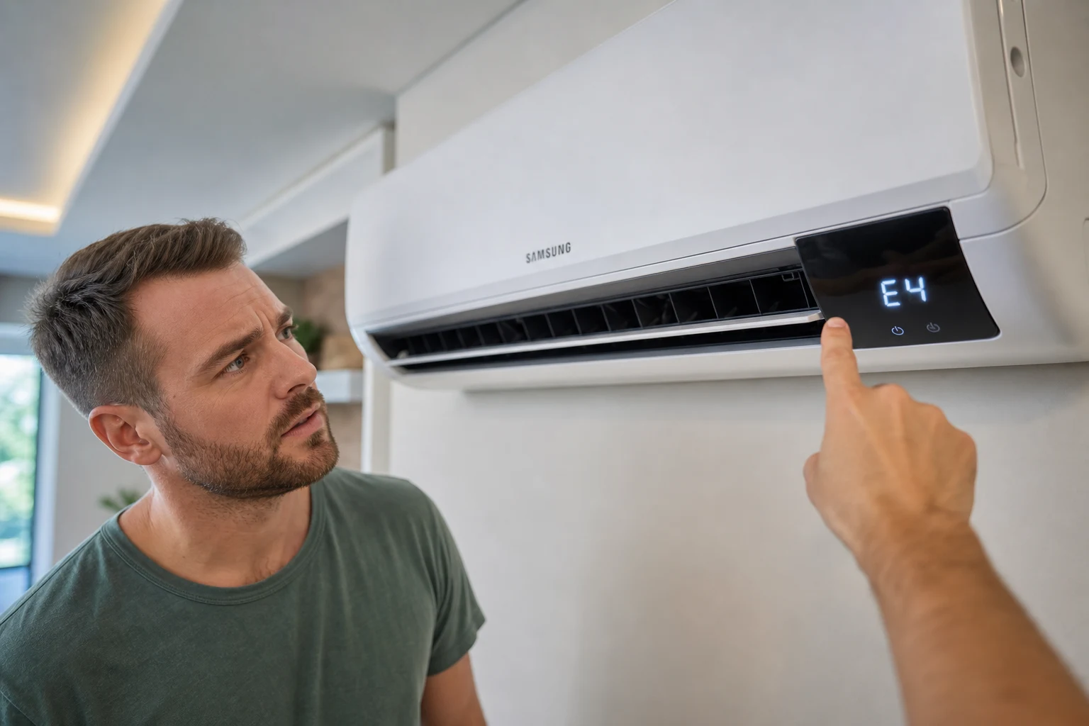 Hogar con aire Samsung panel E4 mostrado con persona señalando