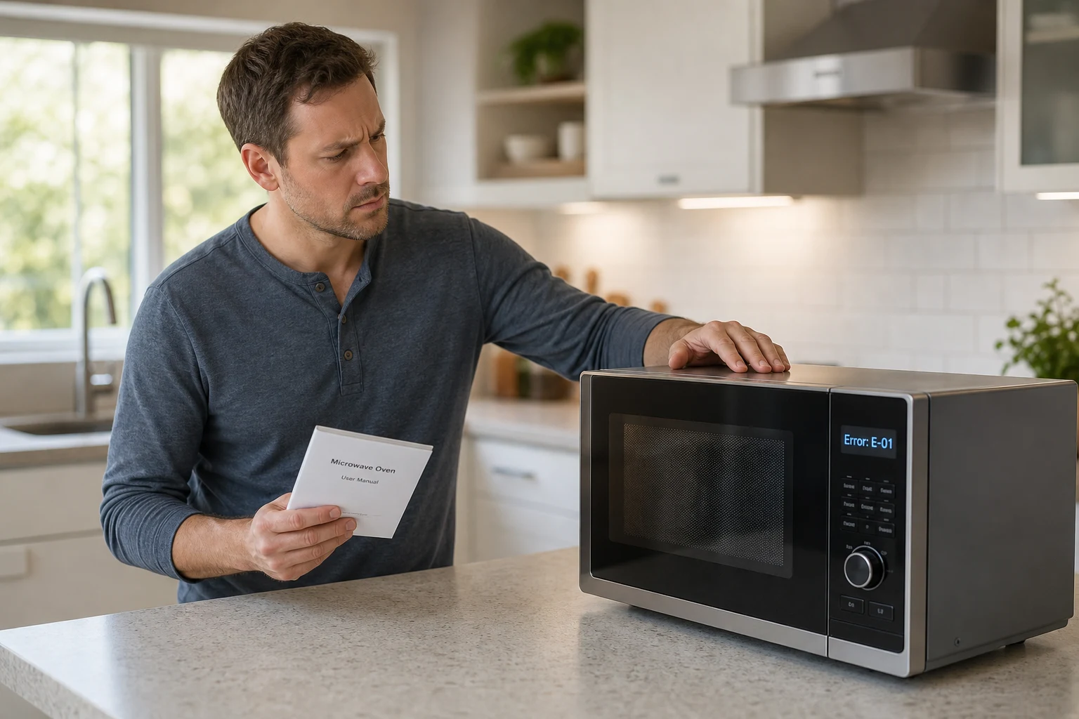 Persona en cocina moderna revisa microondas con código E01 visible