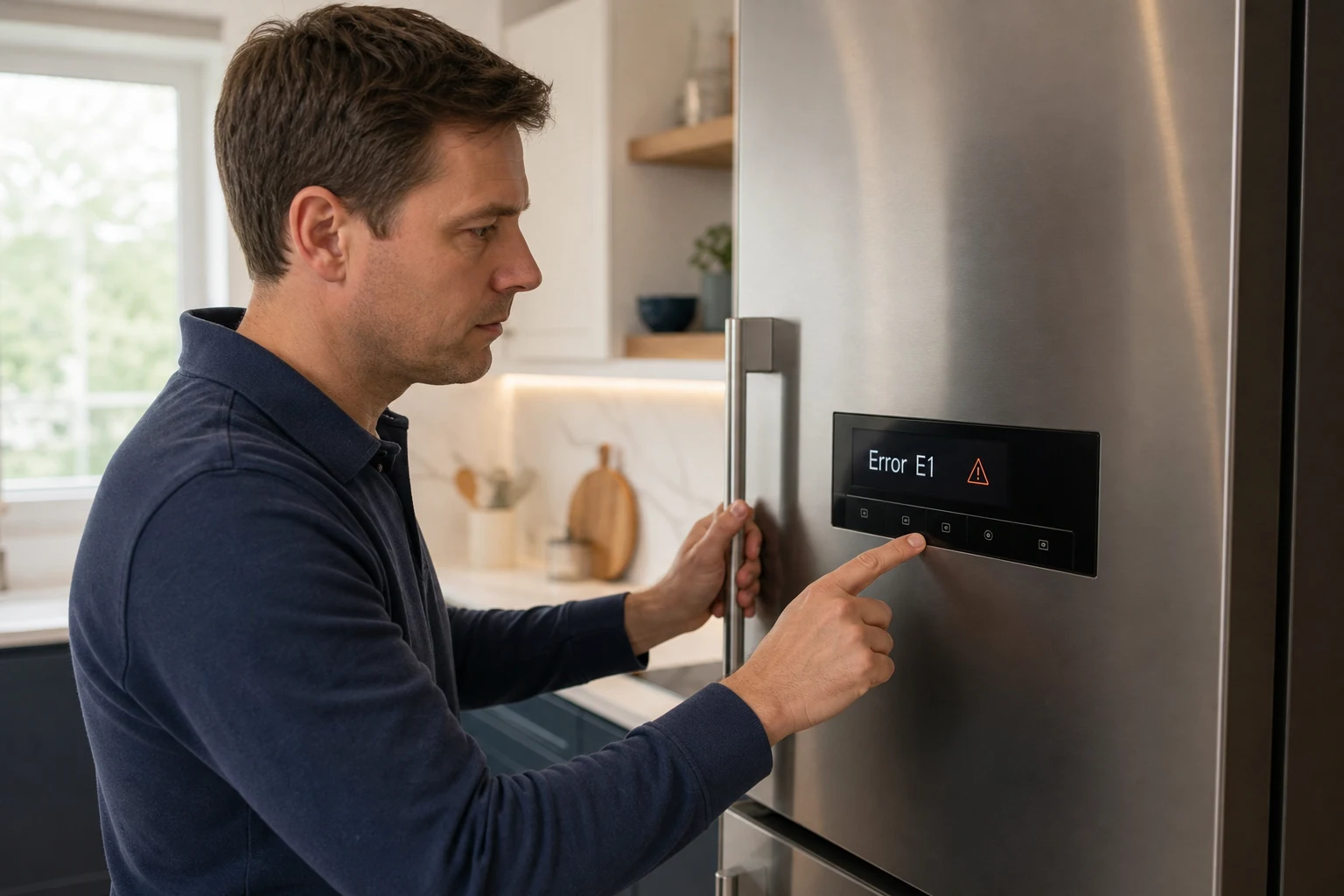 Persona en cocina moderna revisa refrigerador con Error E1 pantalla