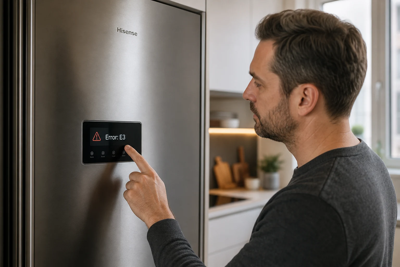 Persona en cocina moderna señala panel Hisense con Error E3