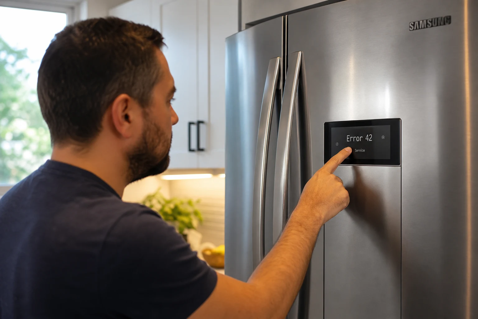 Persona en cocina moderna señala panel Samsung con Error 42