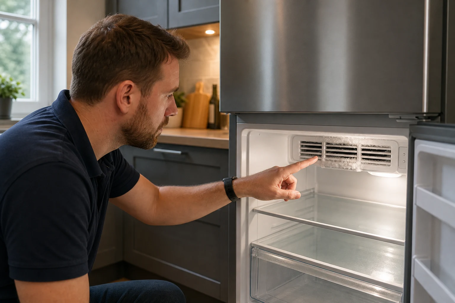 Persona examina ventilación del refrigerador inoxidable en cocina moderna hogareña