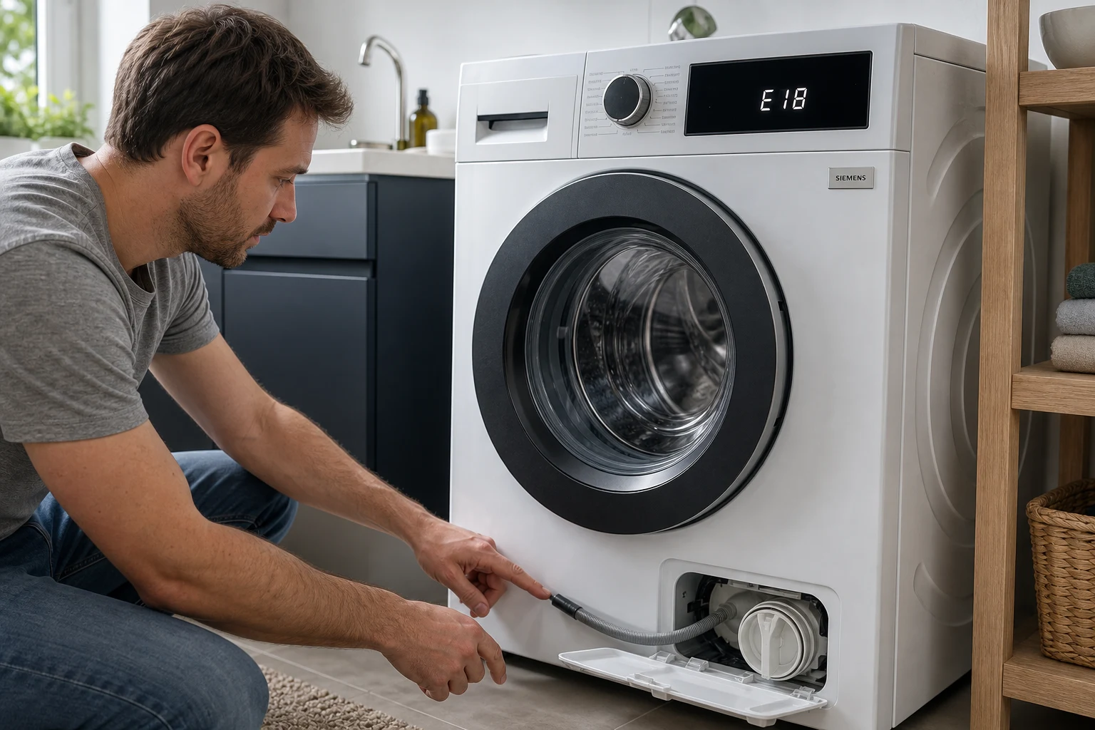 Persona inspecciona lavadora Siemens frontal con E18 y filtro accesible
