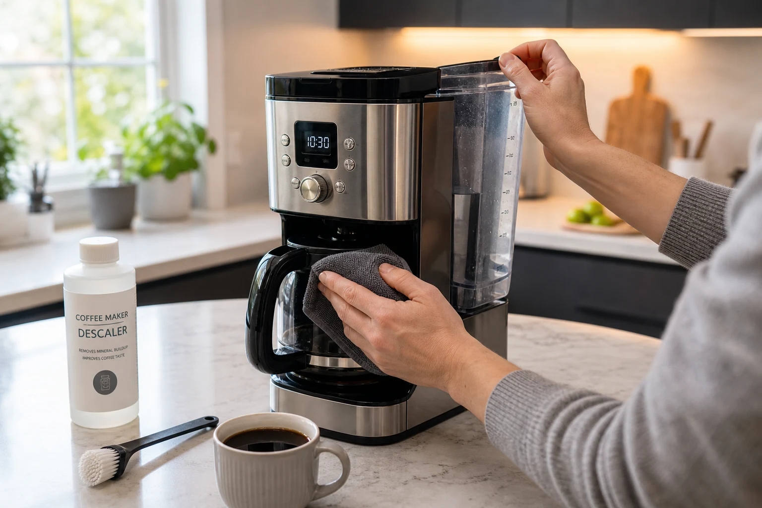 Persona limpiando una cafetera moderna en cocina iluminada con cuidado