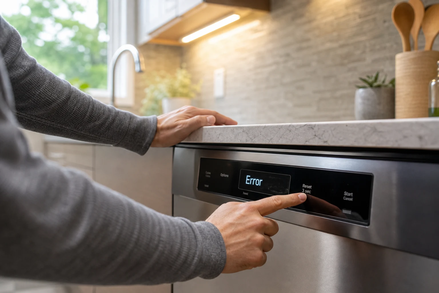 Propietario en cocina moderna reiniciando lavavajillas tras error en pantalla