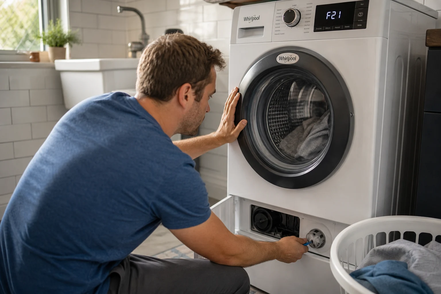 Propietario inspecciona filtro de desagüe Whirlpool F21 en casa iluminada