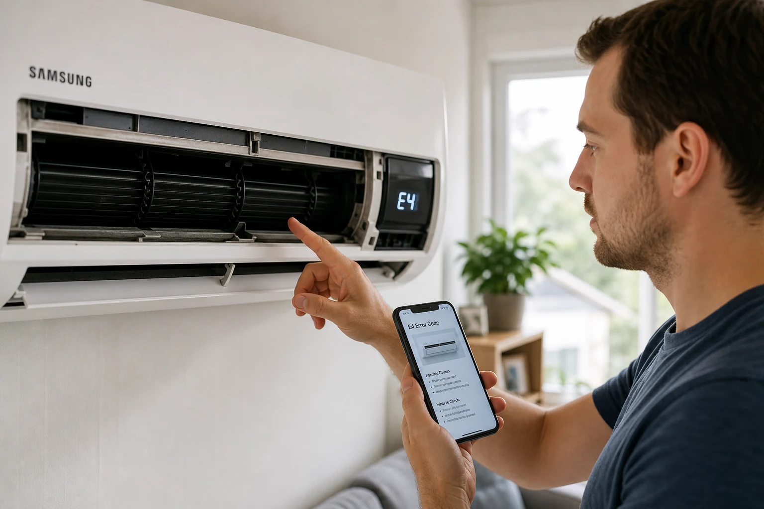 Propietario junto a unidad Samsung muestra panel E4 y ventilación