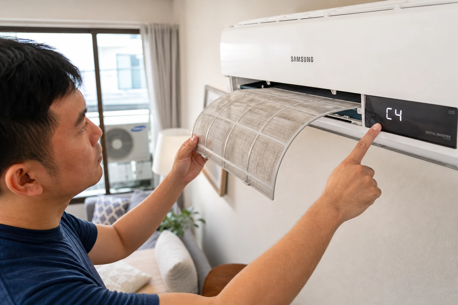 Propietario revisa filtro de aire Samsung con código C4 visible