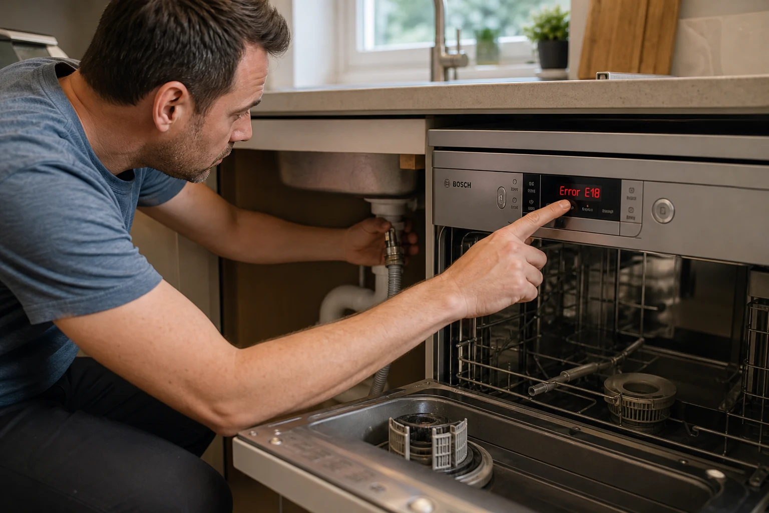 Propietario revisa lavavajillas Bosch con Error E18 y manguera bajo fregadero