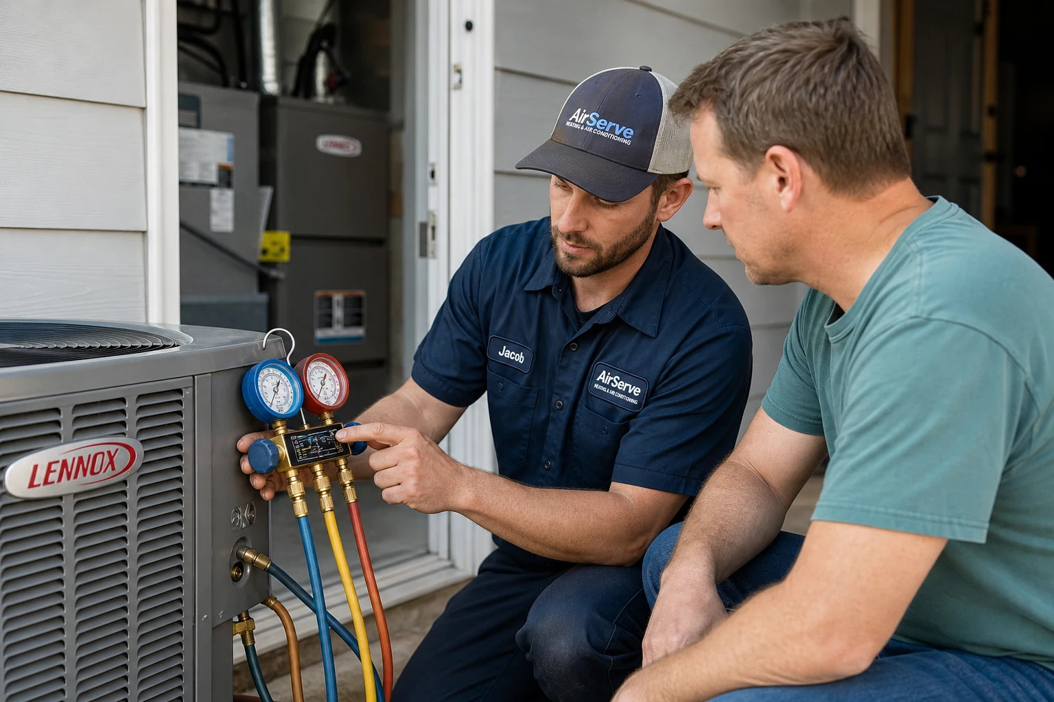 Técnico HVAC señala manómetro del sistema de aire acondicionado exterior